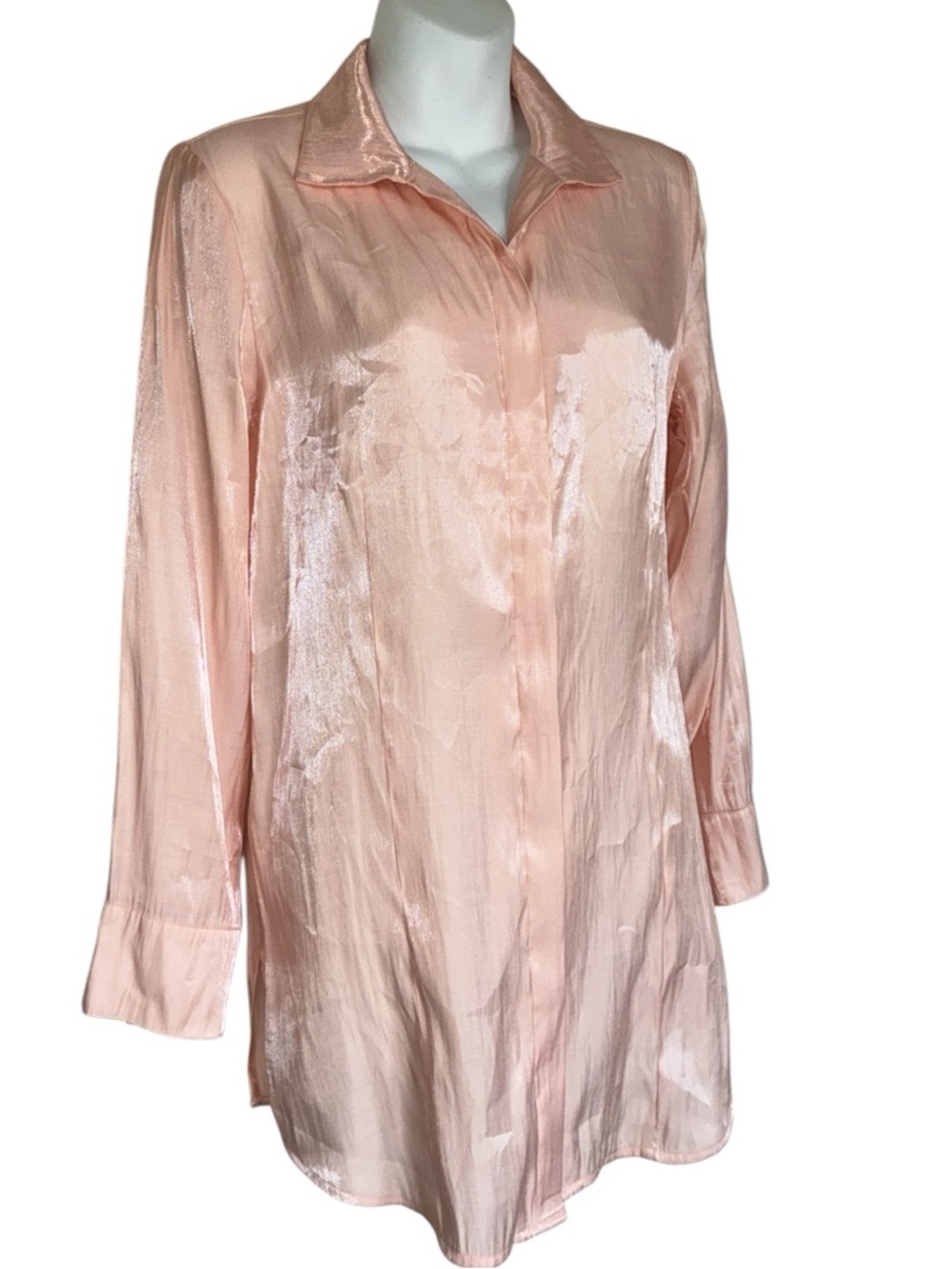 Chico's Shimmery Button-Down Blouse, Peach, Long Tail. Chico's Size 1 (Us 8)